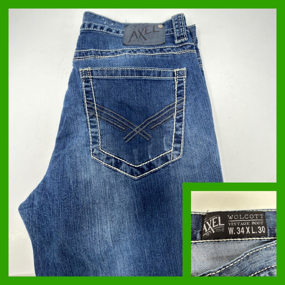 Axel Wolcott Vintage Bootcut Jeans‎ Mens 34x30 Blue Denim Embroidered Pockets